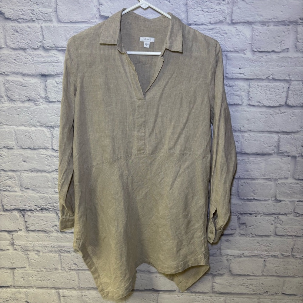 J. Jill Boho Beige Linen Long Sleeve V-neck asymmetry hem Lagenlook blouse tunic